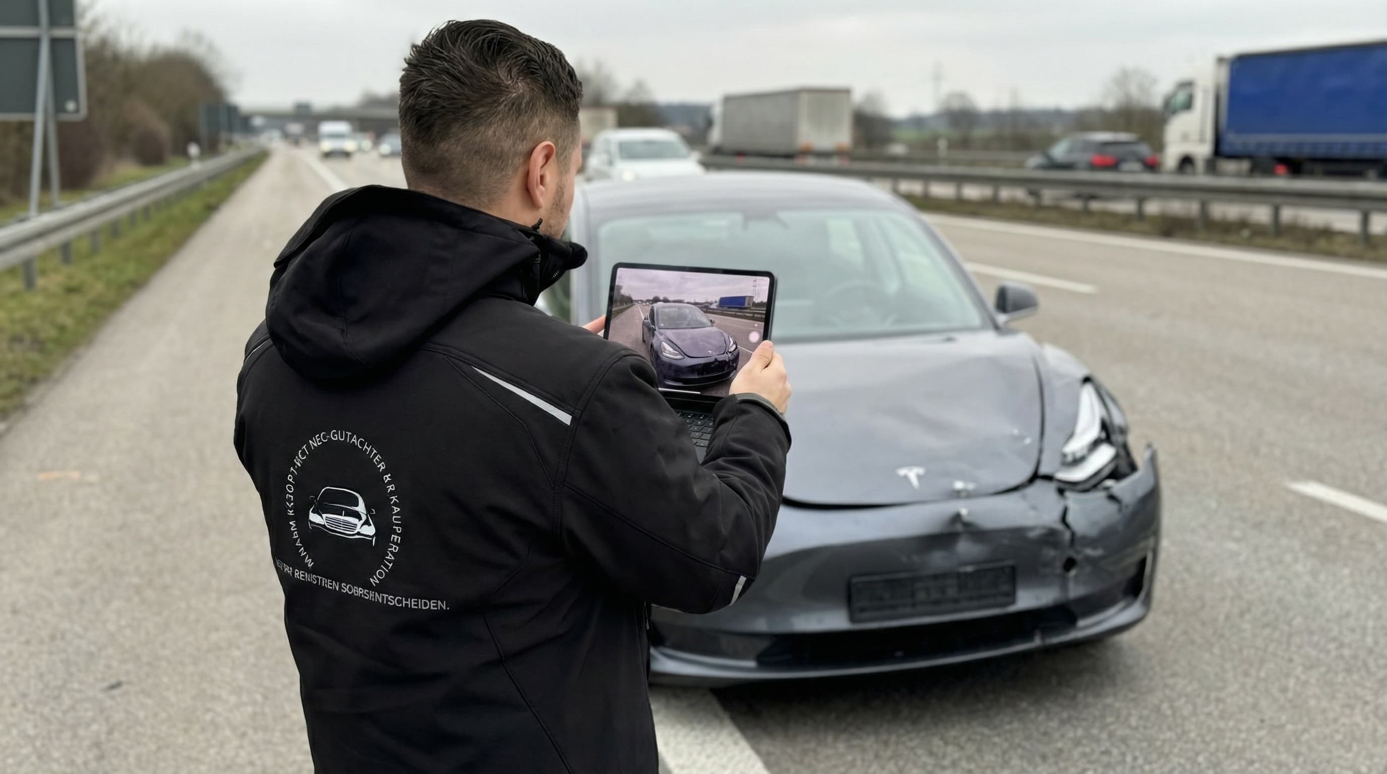 Gutachter bewertet beschädigtes Elektrofahrzeug