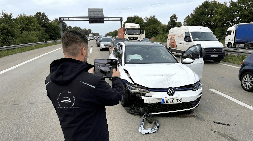 Kfz-Sachverständiger dokumentiert einen Unfallschaden auf der Autobahn