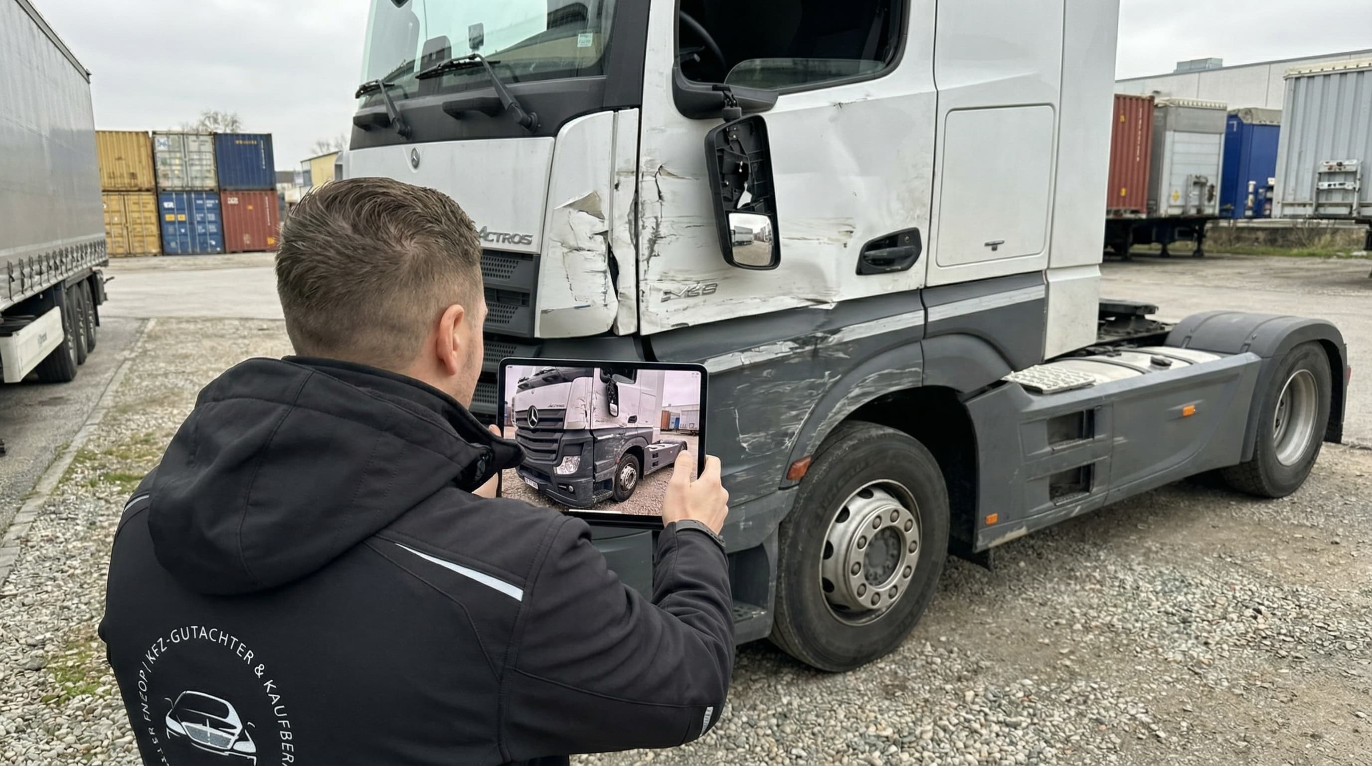 Gutachter dokumentiert LKW-Schaden mit Tablet