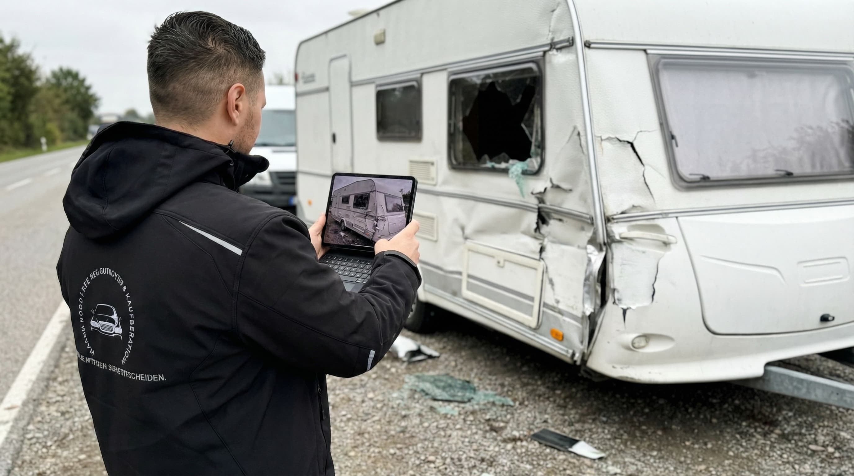 Gutachter dokumentiert Wohnmobil-Schaden